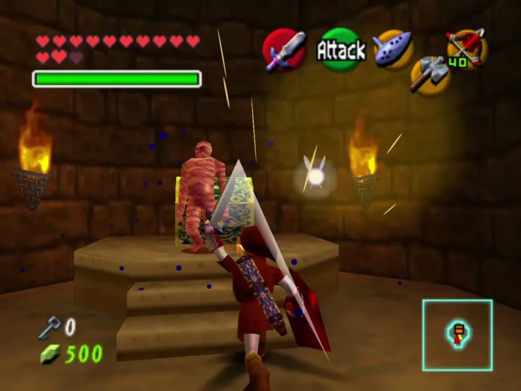 Adult Link striking a Gibdo with his sword in the Spirit Temple Adult Link striking a Gibdo with his sword in the Spirit Temple
