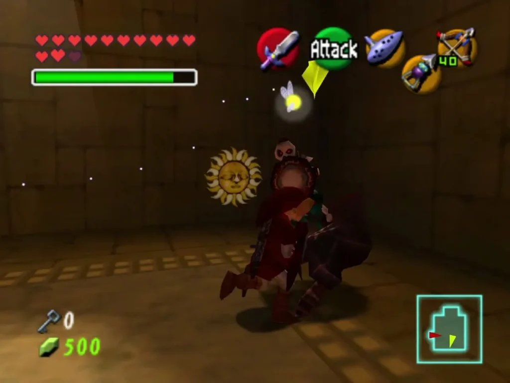 Adult Link beside a sun emblem on the wall, with a Stalfos in the sun face room Adult Link beside a sun emblem on the wall, with a Stalfos in the sun face room