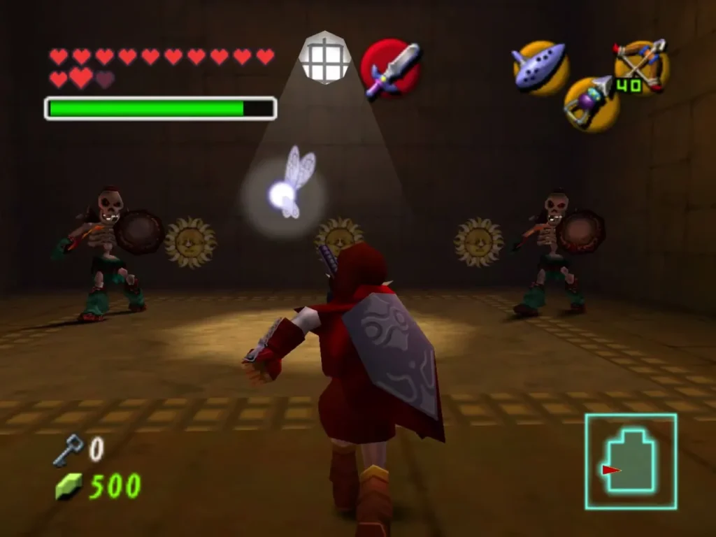 Two Stalfos flanking sun emblems in the Spirit Temple sun face room Two Stalfos flanking sun emblems in the Spirit Temple sun face room