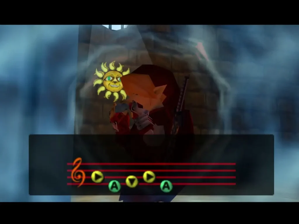 Adult Link playing the Sun's Song on the ocarina beneath the sun emblem Adult Link playing the Sun's Song on the ocarina beneath the sun emblem