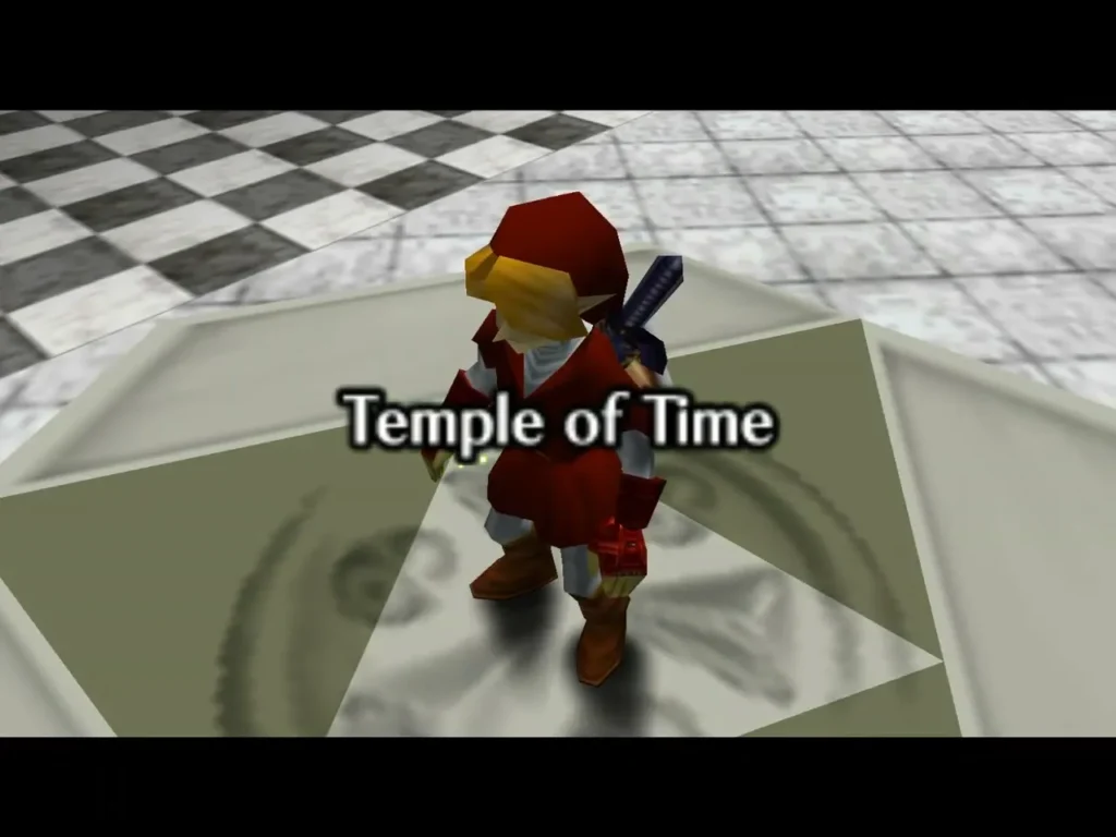 Link standing on the checkered floor of the Temple of Time Link standing on the checkered floor of the Temple of Time