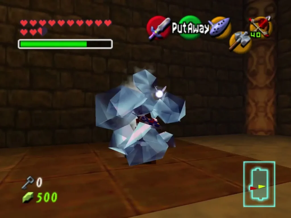 Link frozen in ice after opening the trap chest in the Spirit Temple Link frozen in ice after opening the trap chest in the Spirit Temple