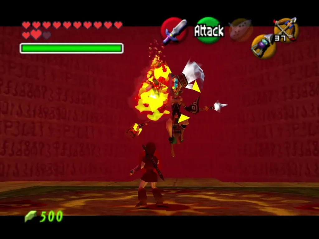 Link striking Twinrova while she is wreathed in fire in the Spirit Temple arena Link striking Twinrova while she is wreathed in fire in the Spirit Temple arena