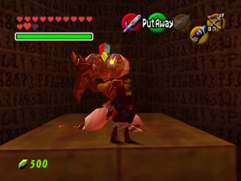 Twinrova stands on a platform in the Spirit Temple arena beside Link Twinrova stands on a platform in the Spirit Temple arena beside Link