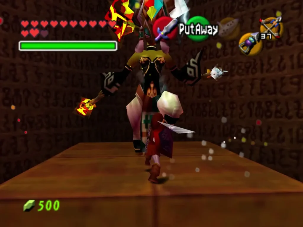 Link steps in to slash Twinrova while holding the Mirror Shield in the Spirit Temple arena Link steps in to slash Twinrova while holding the Mirror Shield in the Spirit Temple arena