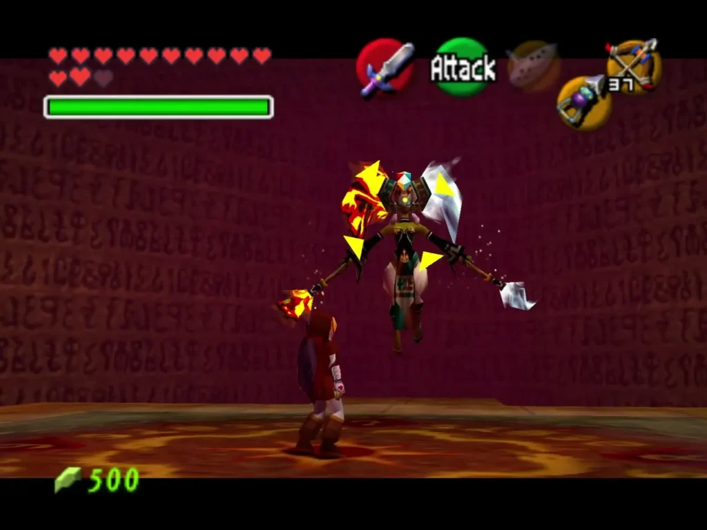Twinrova hovers over the arena as Link raises the Mirror Shield to absorb her magic Twinrova hovers over the arena as Link raises the Mirror Shield to absorb her magic