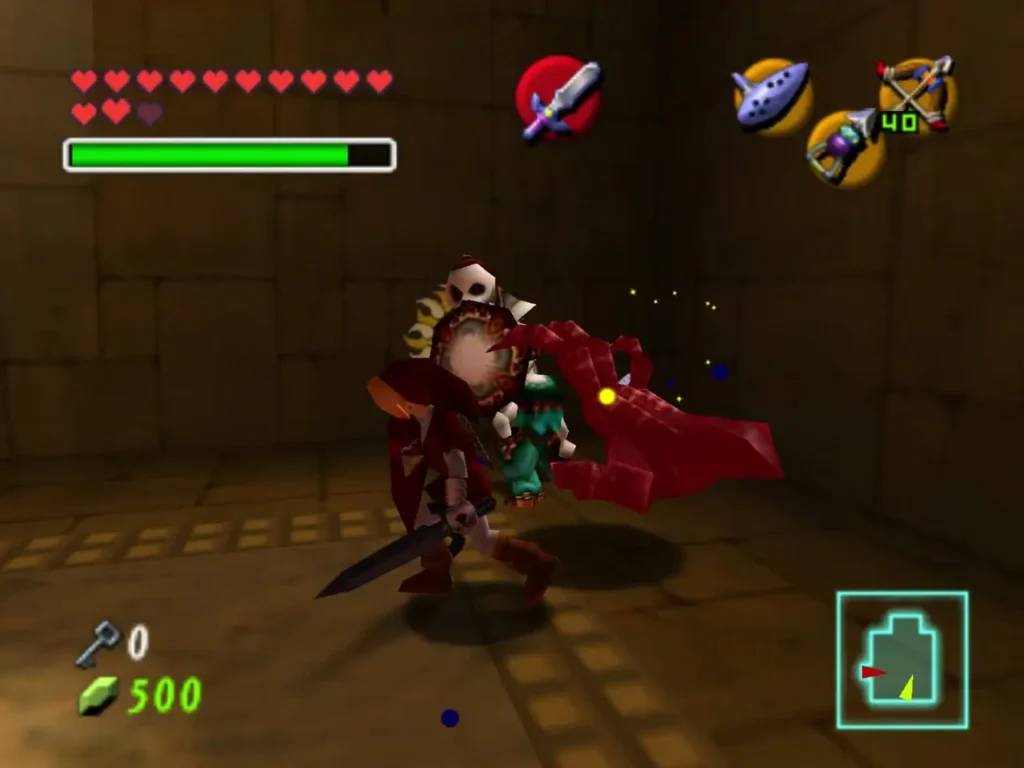 Adult Link fighting a Stalfos while a red Wallmaster hand reaches for him Adult Link fighting a Stalfos while a red Wallmaster hand reaches for him