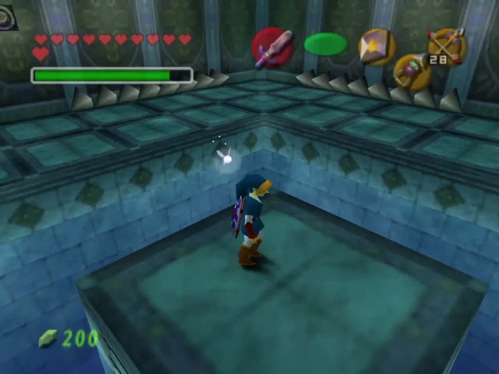 Link standing on the platform at the edge of the water arena Link standing on the platform at the edge of the water arena