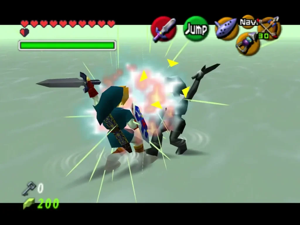Link landing the final hit on Dark Link in the water arena Link landing the final hit on Dark Link in the water arena