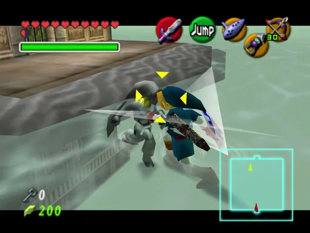 Link striking Dark Link with the Master Sword in the water arena Link striking Dark Link with the Master Sword in the water arena