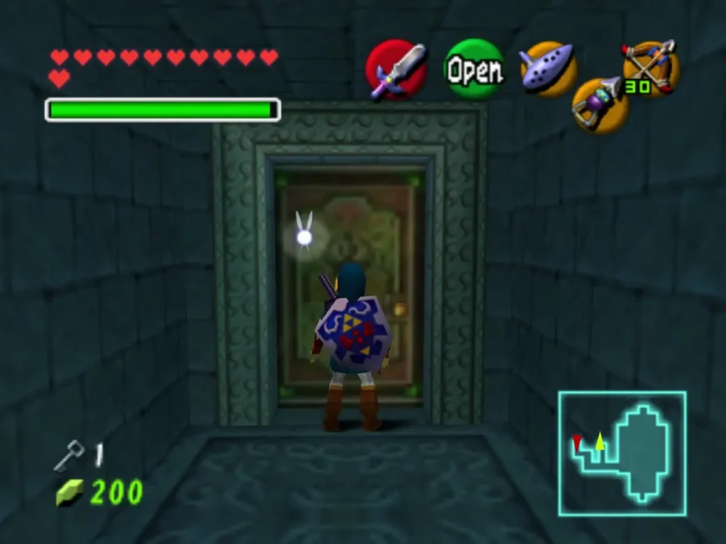 Link facing an ornate locked door in a hall with the Open prompt showing Link facing an ornate locked door in a hall with the Open prompt showing
