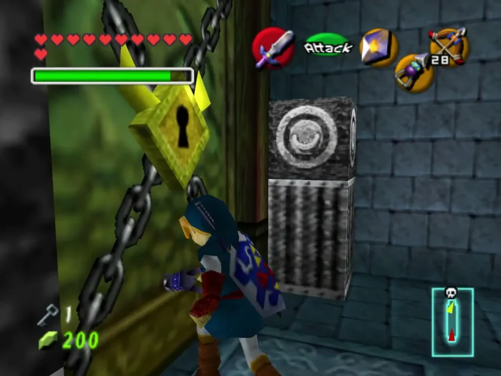 Link beside a golden locked door and a ring target on a pillar Link beside a golden locked door and a ring target on a pillar