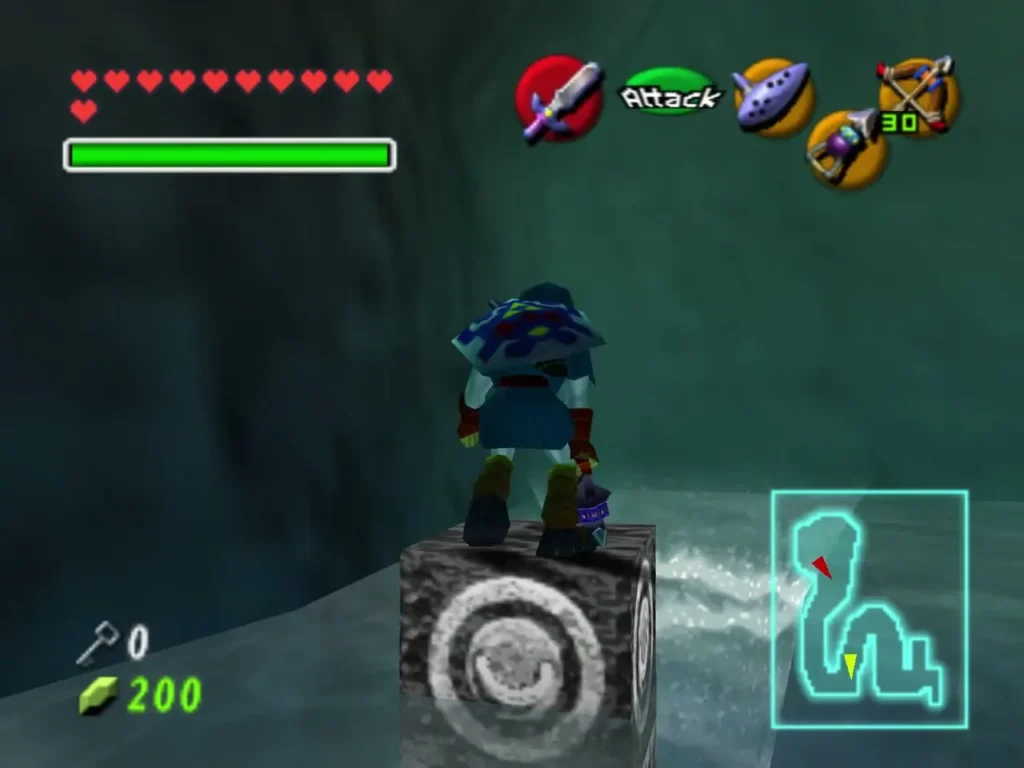 Link standing on a spiral Longshot block in the water corridor Link standing on a spiral Longshot block in the water corridor