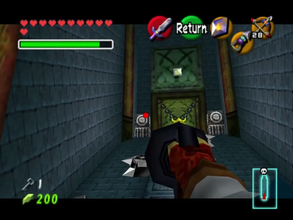Link aiming the Longshot at a target above a chained boss door Link aiming the Longshot at a target above a chained boss door