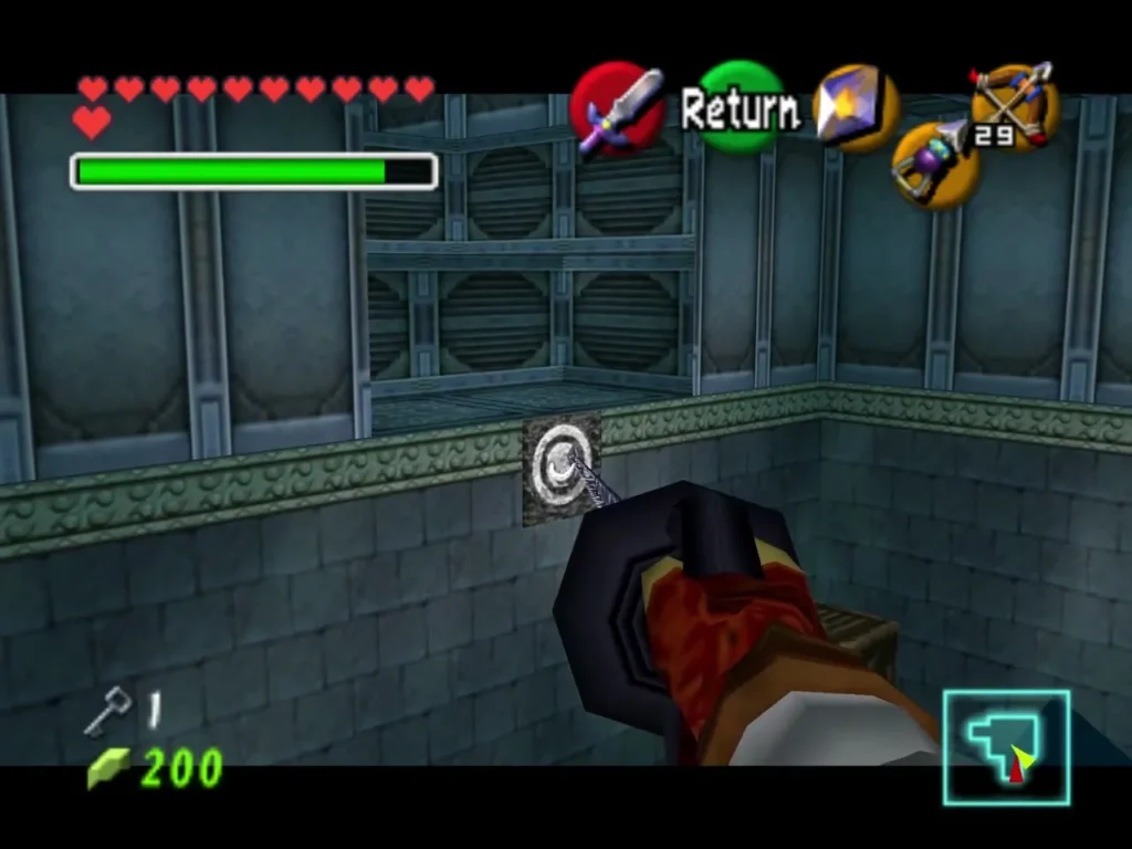 Link aiming the Longshot at a ring target on a wall Link aiming the Longshot at a ring target on a wall