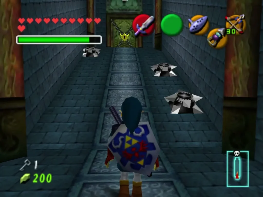 Link walking a corridor lined with spinning blade traps toward a chained door Link walking a corridor lined with spinning blade traps toward a chained door