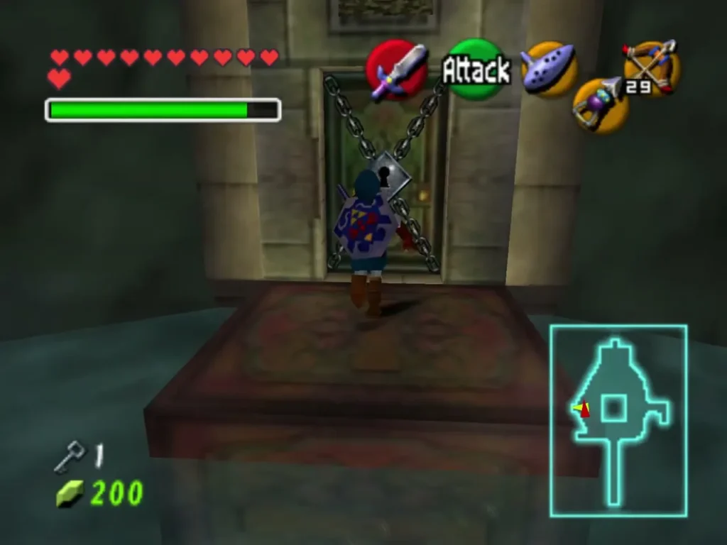 Link standing before the chained locked door at the end of a red-carpeted landing Link standing before the chained locked door at the end of a red-carpeted landing