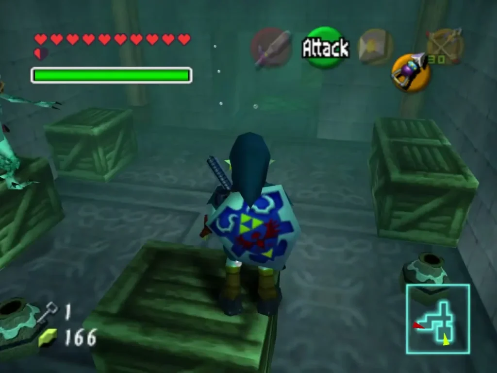 Link standing on a crate in the flooded corridor Link standing on a crate in the flooded corridor