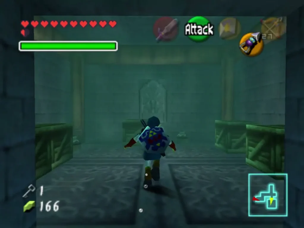 Link walking down a flooded corridor lined with wooden crates Link walking down a flooded corridor lined with wooden crates