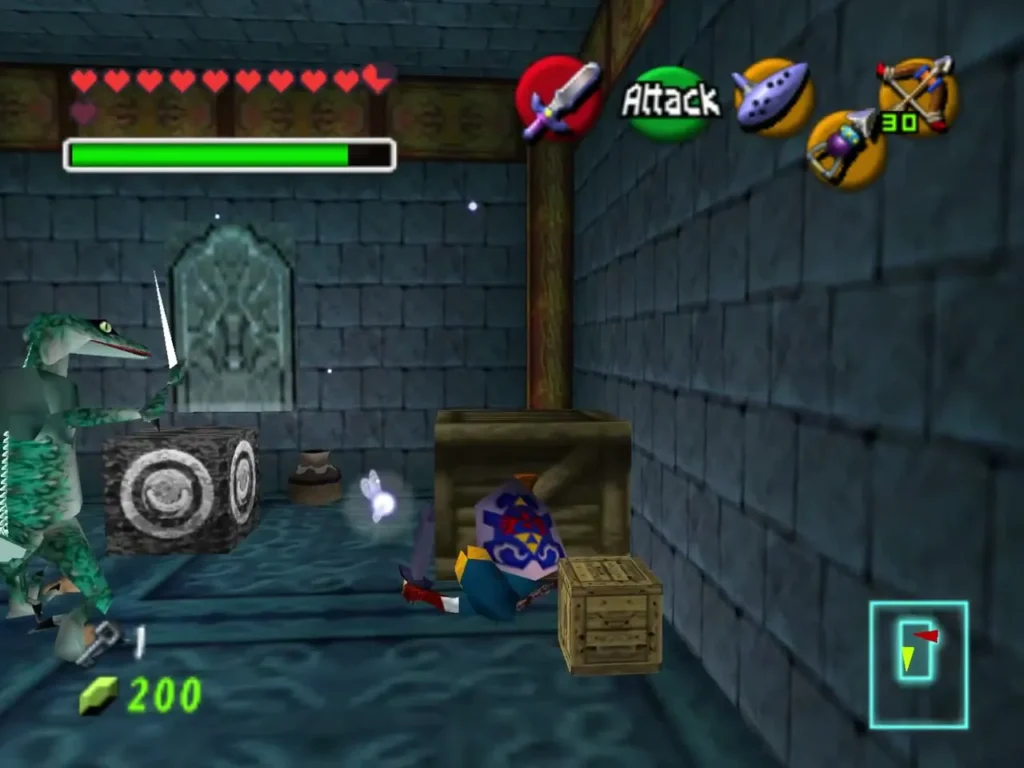 Link in the crate room with a lizard enemy beside a chest and crates Link in the crate room with a lizard enemy beside a chest and crates