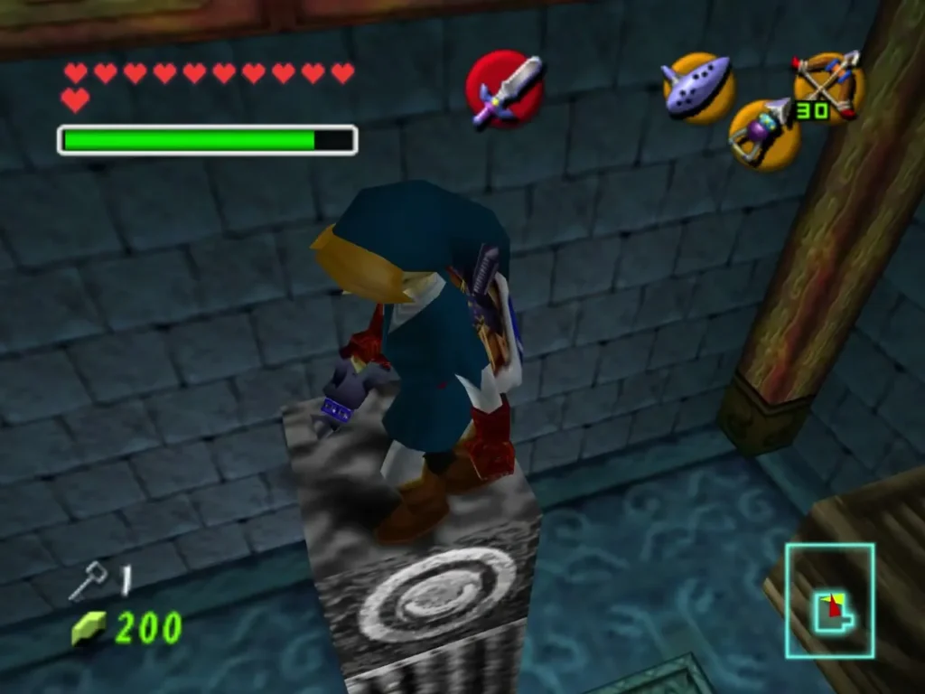 Link standing on a Longshot target block in the crate room Link standing on a Longshot target block in the crate room