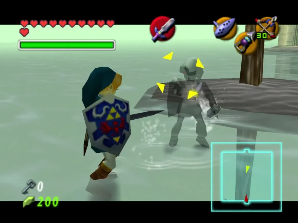 Dark Link rising out of the pond beside Link in the misty room Dark Link rising out of the pond beside Link in the misty room
