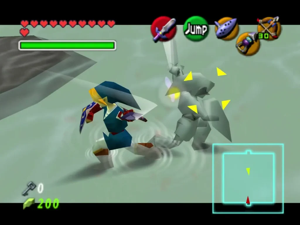 Link sword-fighting Dark Link over the shallow water of the misty room Link sword-fighting Dark Link over the shallow water of the misty room