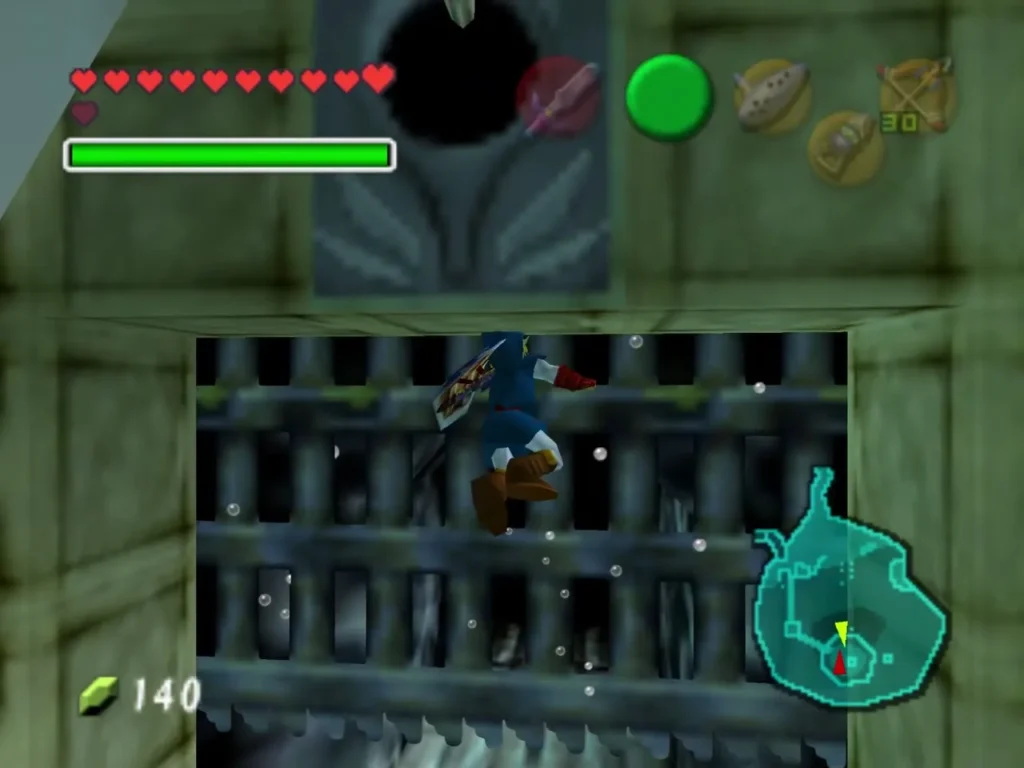 Link sinking down a grated shaft toward the temple entrance under Lake Hylia Link sinking down a grated shaft toward the temple entrance under Lake Hylia