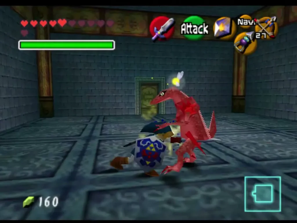 Link fighting a red lizard enemy in the lower-level room beyond the door Link fighting a red lizard enemy in the lower-level room beyond the door