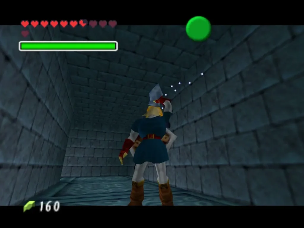 Link aiming the Longshot at a wall, its dotted aim line visible Link aiming the Longshot at a wall, its dotted aim line visible
