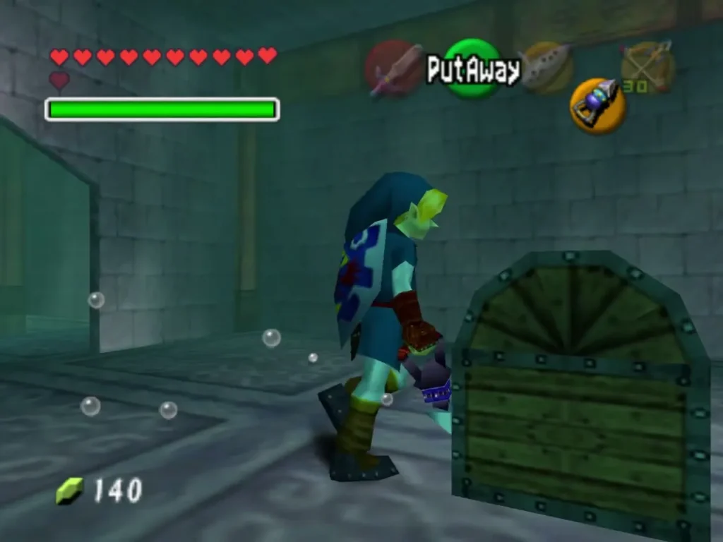 Link beside the closed chest in a flooded chamber where the Longshot is kept Link beside the closed chest in a flooded chamber where the Longshot is kept