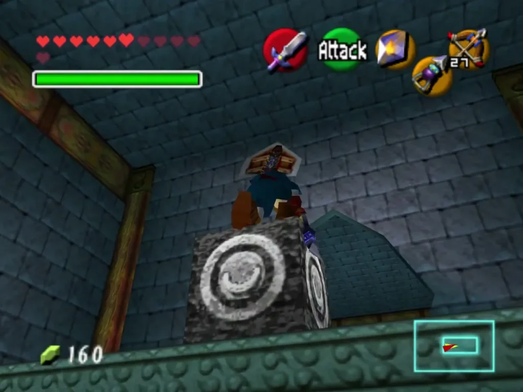 Link standing on a cube target in the middle level of the temple Link standing on a cube target in the middle level of the temple