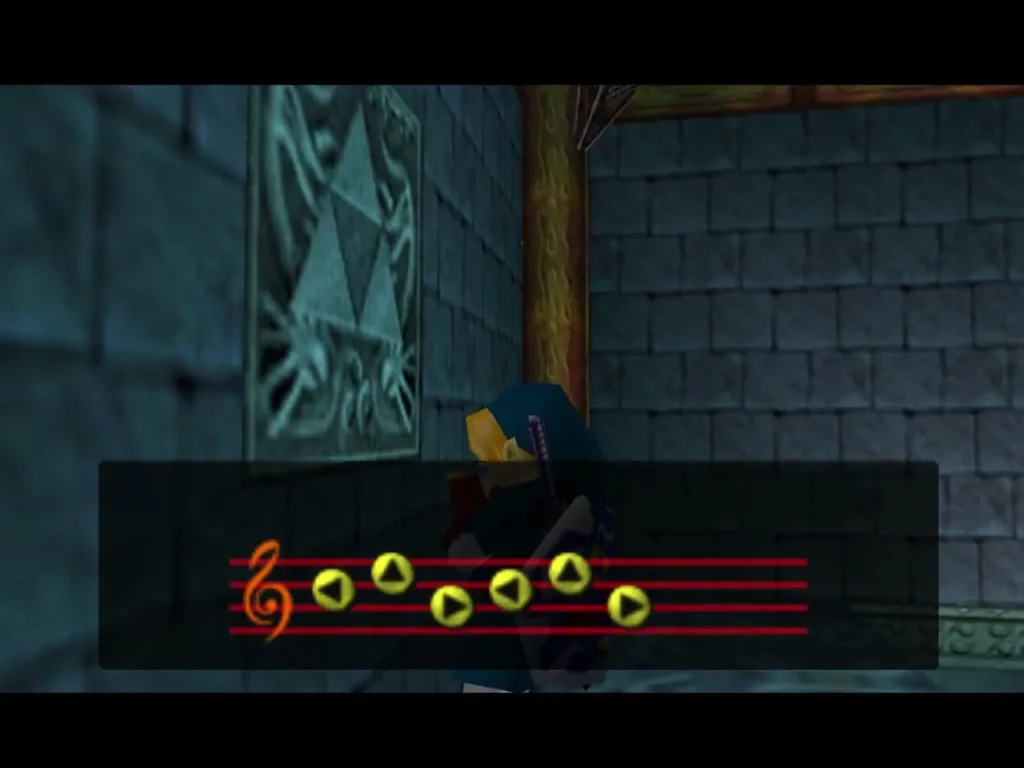 Link playing Zelda's Lullaby notes at the Triforce crest in the Water Temple Link playing Zelda's Lullaby notes at the Triforce crest in the Water Temple