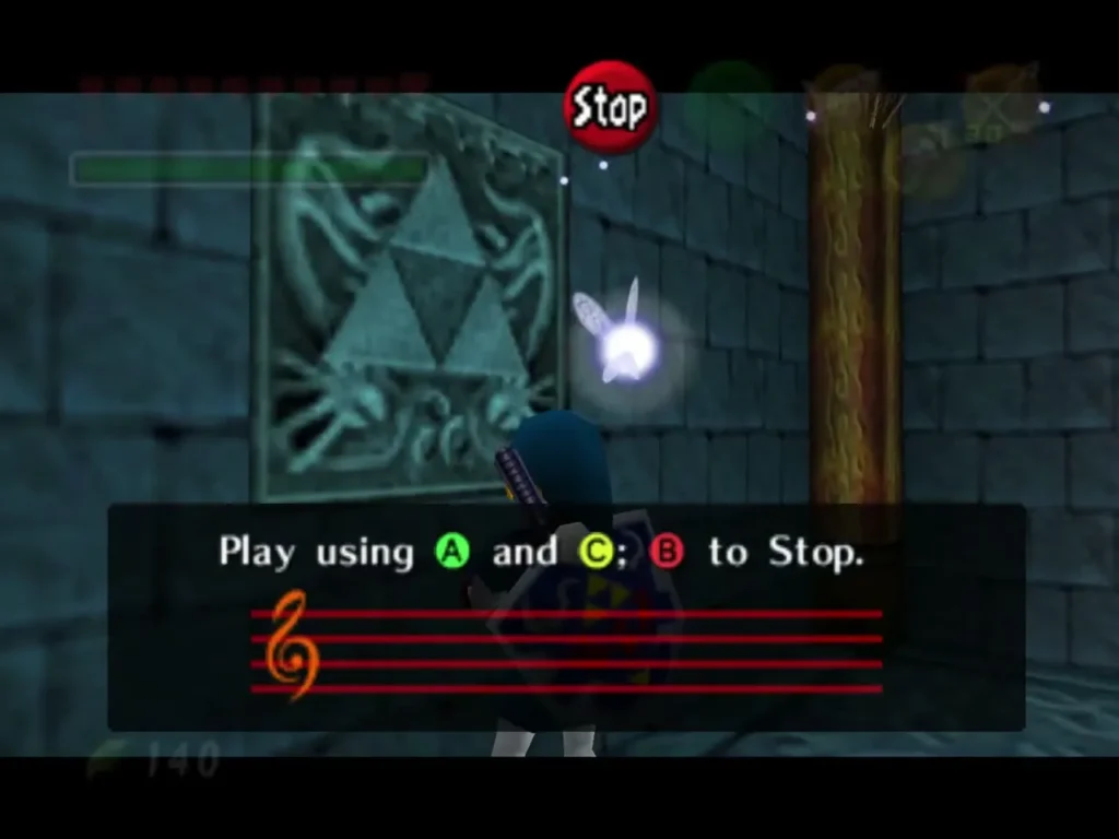 Link playing the ocarina in front of the Triforce crest with the Play prompt on screen Link playing the ocarina in front of the Triforce crest with the Play prompt on screen