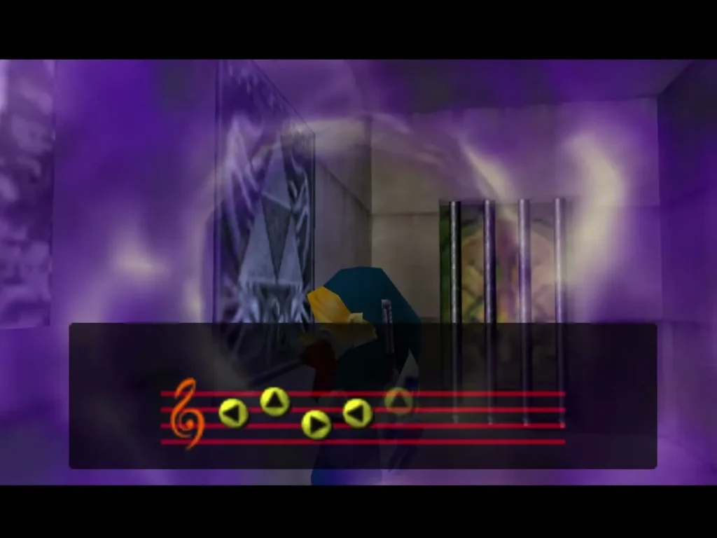 Link playing the Lullaby notes at a Triforce crest as violet light swirls Link playing the Lullaby notes at a Triforce crest as violet light swirls
