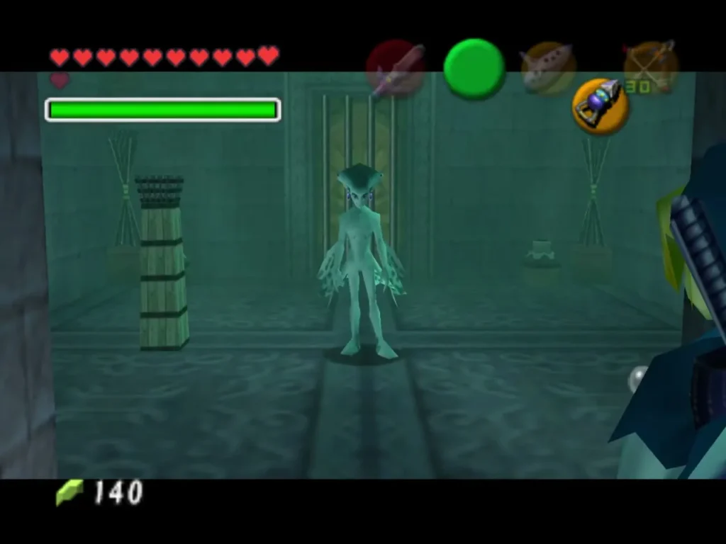 Princess Ruto floating ahead of Link in the temple entrance room Princess Ruto floating ahead of Link in the temple entrance room