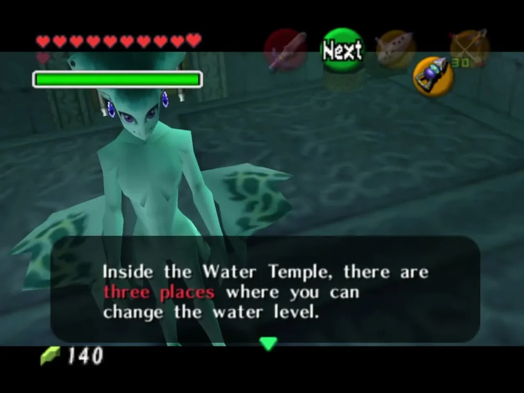 Princess Ruto explaining that three places in the Water Temple change the water level Princess Ruto explaining that three places in the Water Temple change the water level