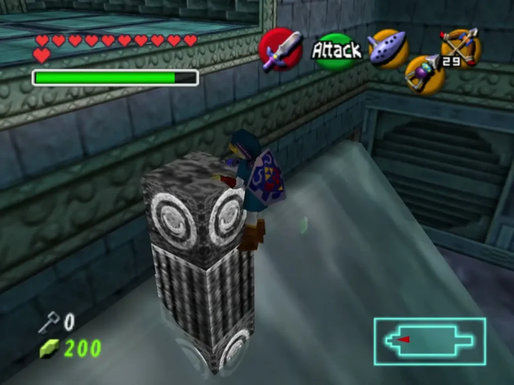 Link standing on a silver block pillar in the water-filled room Link standing on a silver block pillar in the water-filled room