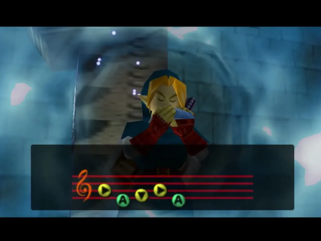 Link playing a song with its notes shown as blue light swirls around him Link playing a song with its notes shown as blue light swirls around him