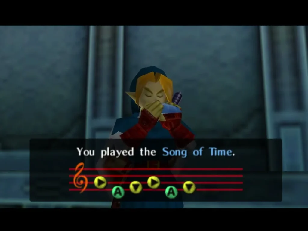 Link playing the Song of Time with the notes on screen Link playing the Song of Time with the notes on screen