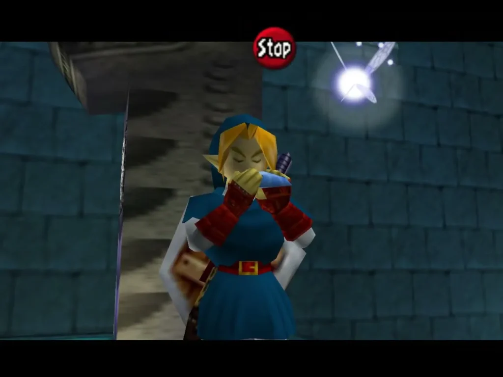 Link playing an ocarina tune in the statue room with a fairy glowing nearby Link playing an ocarina tune in the statue room with a fairy glowing nearby