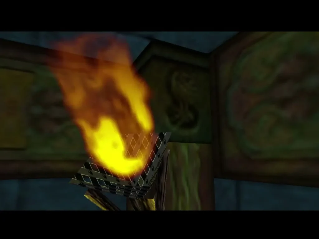 A torch set alight by Din's Fire in the Water Temple room A torch set alight by Din's Fire in the Water Temple room
