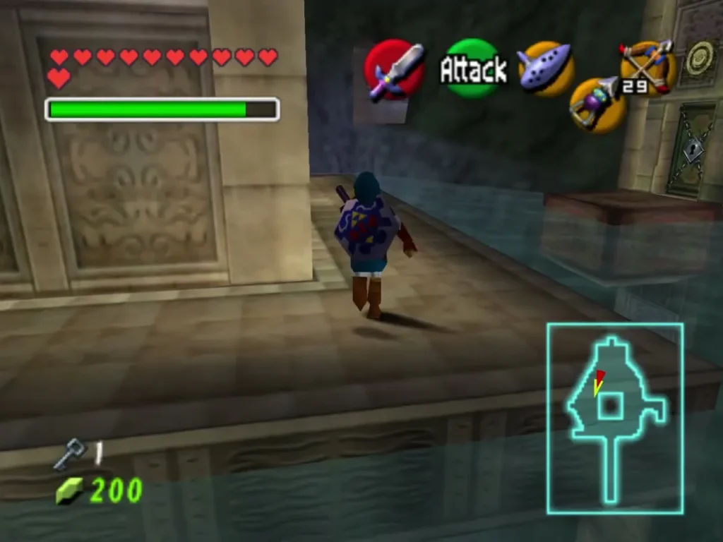 Link walking a stone walkway beside the water in the Water Temple Link walking a stone walkway beside the water in the Water Temple