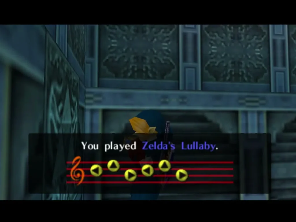 Link having just played Zelda's Lullaby beside a stone wall, its name in the box Link having just played Zelda's Lullaby beside a stone wall, its name in the box