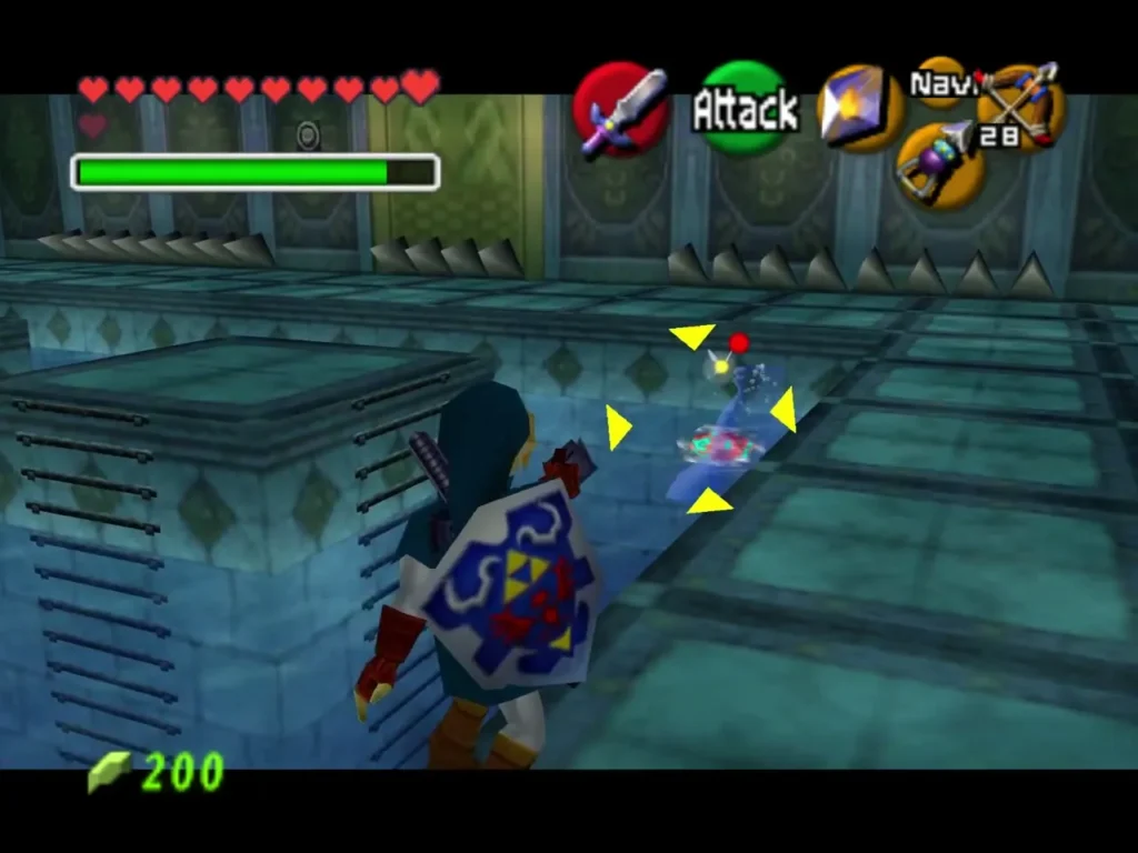 Link slashing Morpha's nucleus at the edge of the water Link slashing Morpha's nucleus at the edge of the water