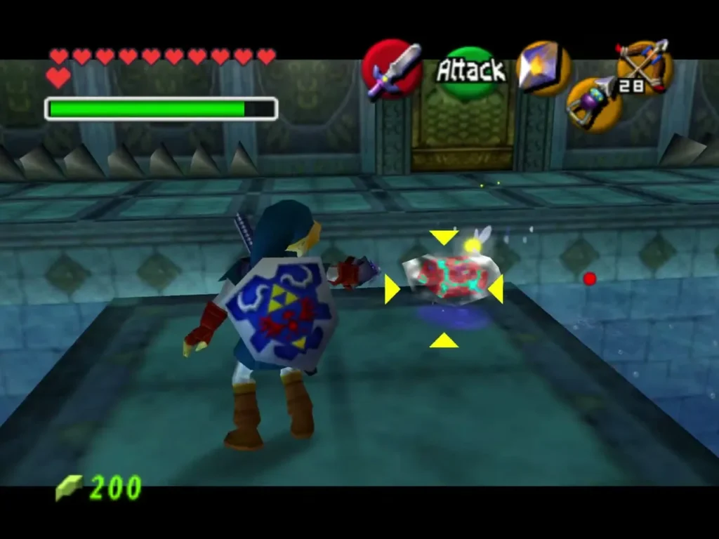 Link striking Morpha's nucleus at the edge of the arena Link striking Morpha's nucleus at the edge of the arena