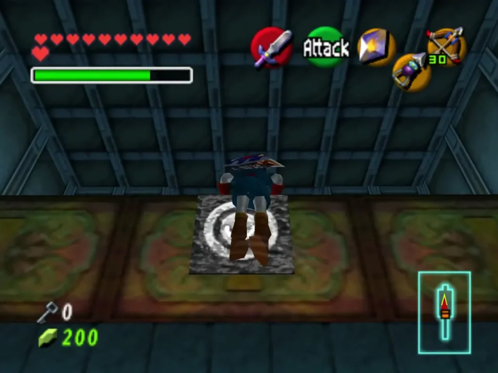 Link riding the raised platform in the torch room Link riding the raised platform in the torch room