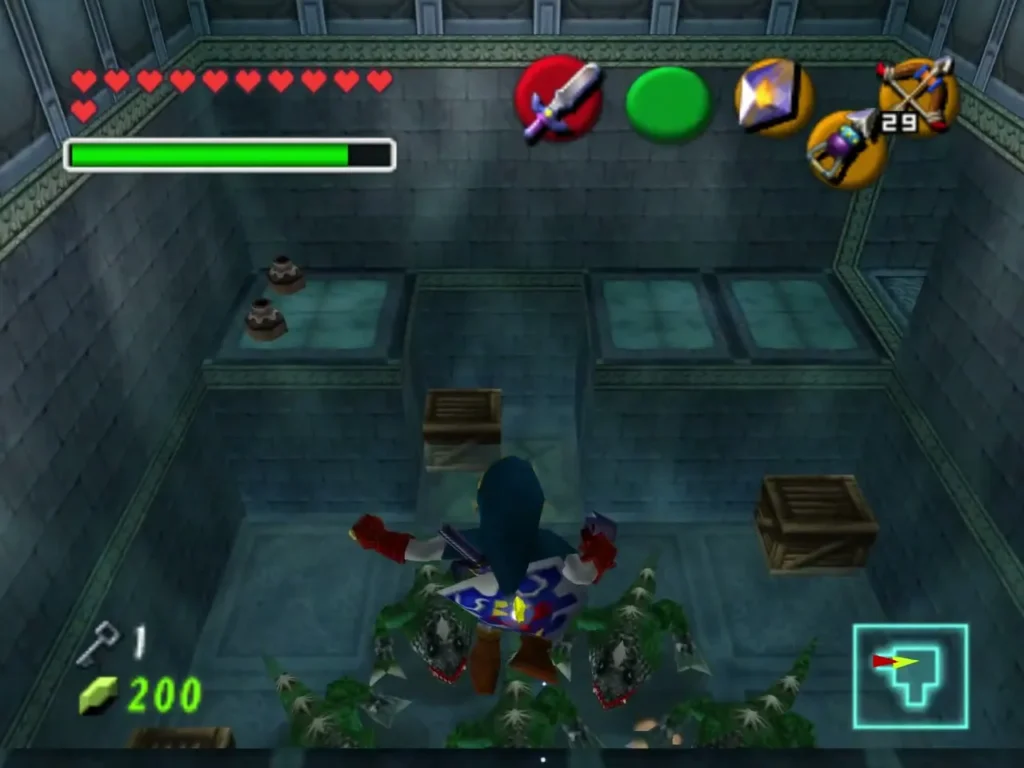 Link surrounded by spiky green enemies in a stone room Link surrounded by spiky green enemies in a stone room