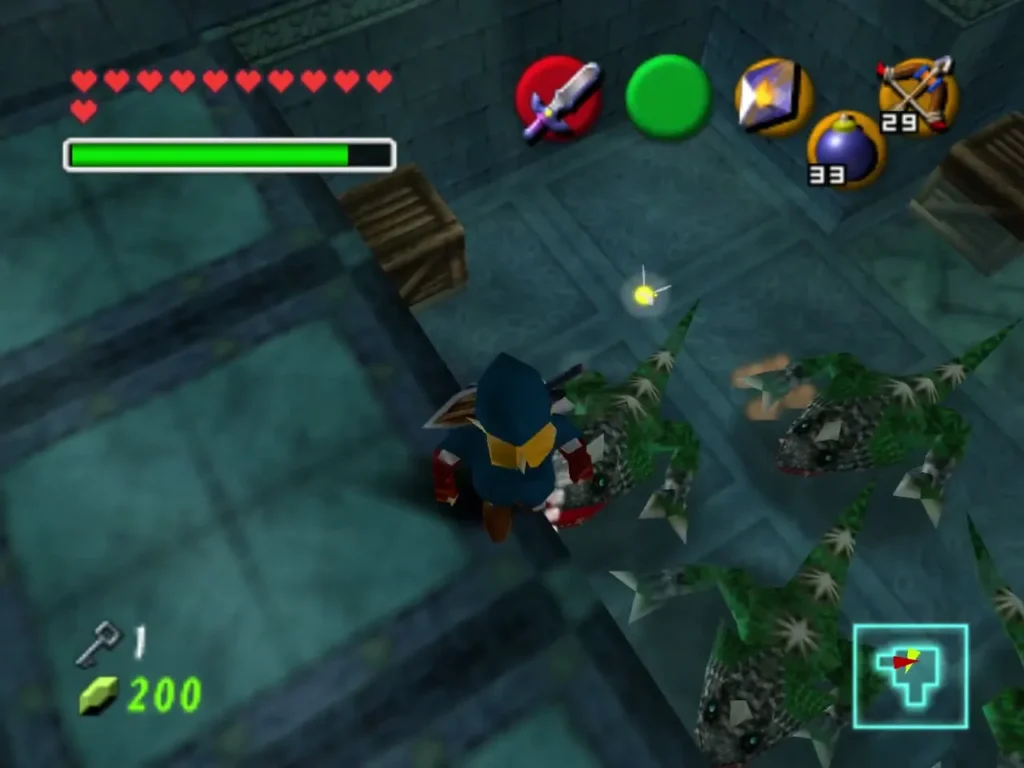 Link slashing spiky green enemies in a crate-lined room Link slashing spiky green enemies in a crate-lined room