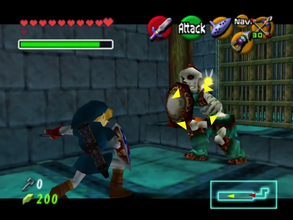 Link fighting a Stalfos in a library room with barred gates Link fighting a Stalfos in a library room with barred gates